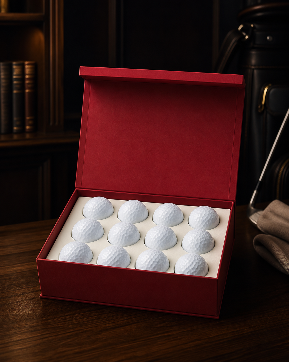 Box of premium golf balls on a dark background