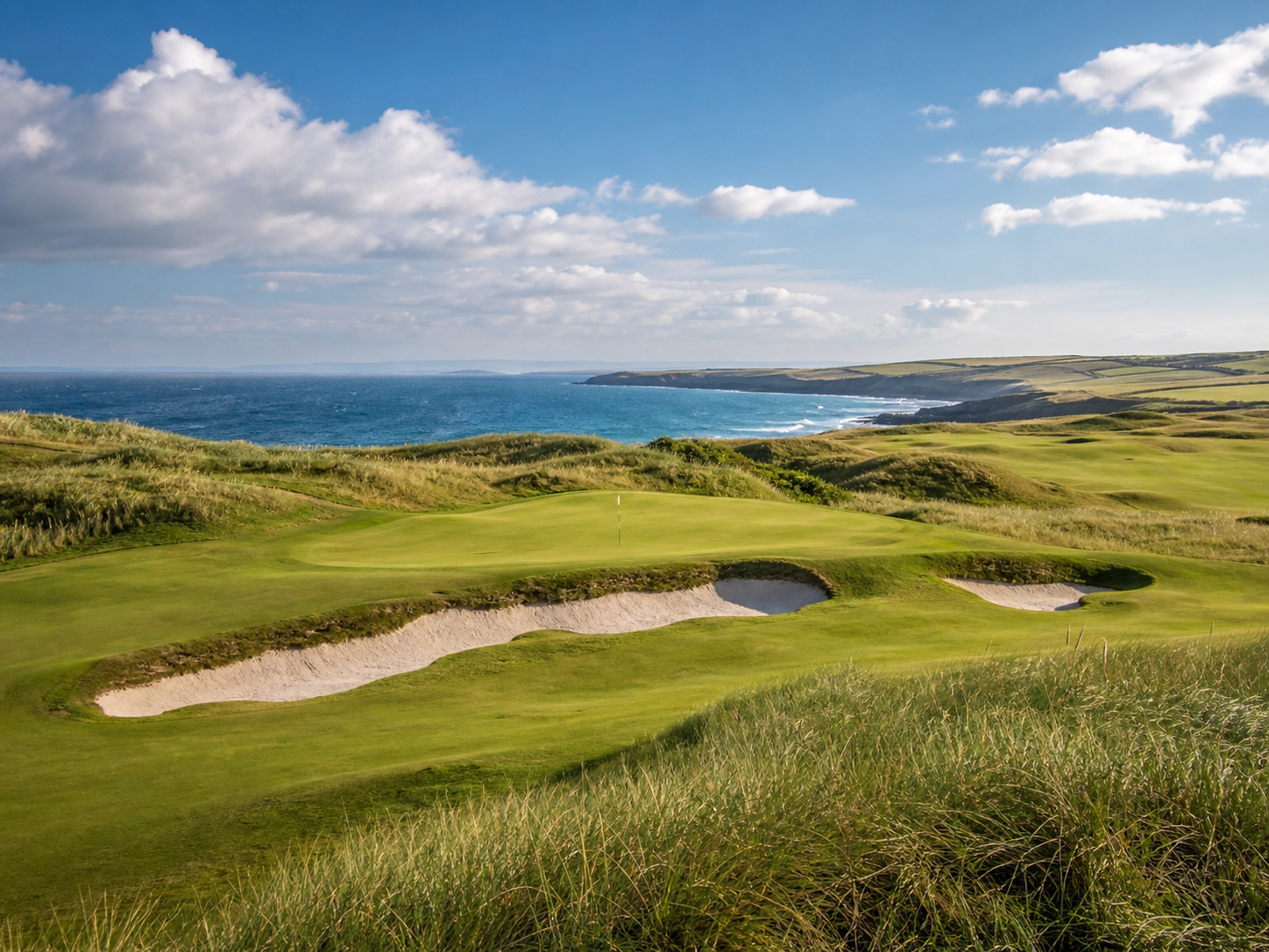 Sunny coastal links golf course overlooking the sea