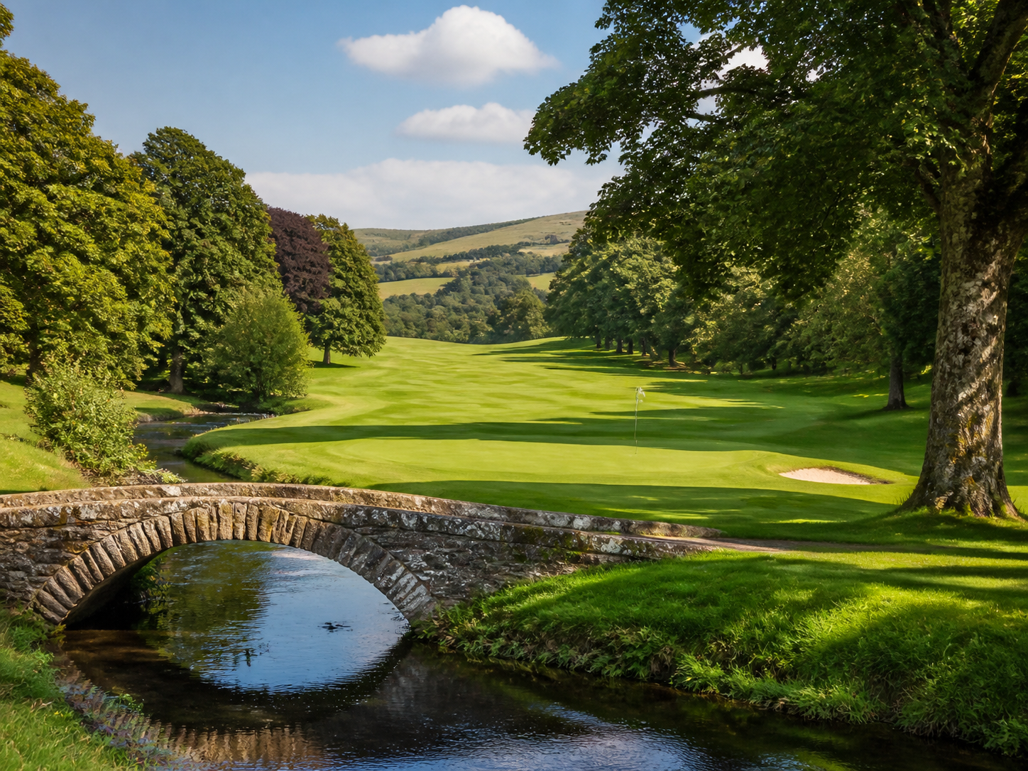 Sunny British parkland golf course with a stone bridge and mature trees