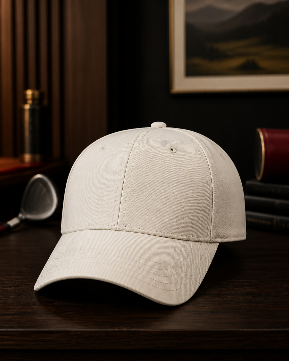 Cream golf cap on a dark background