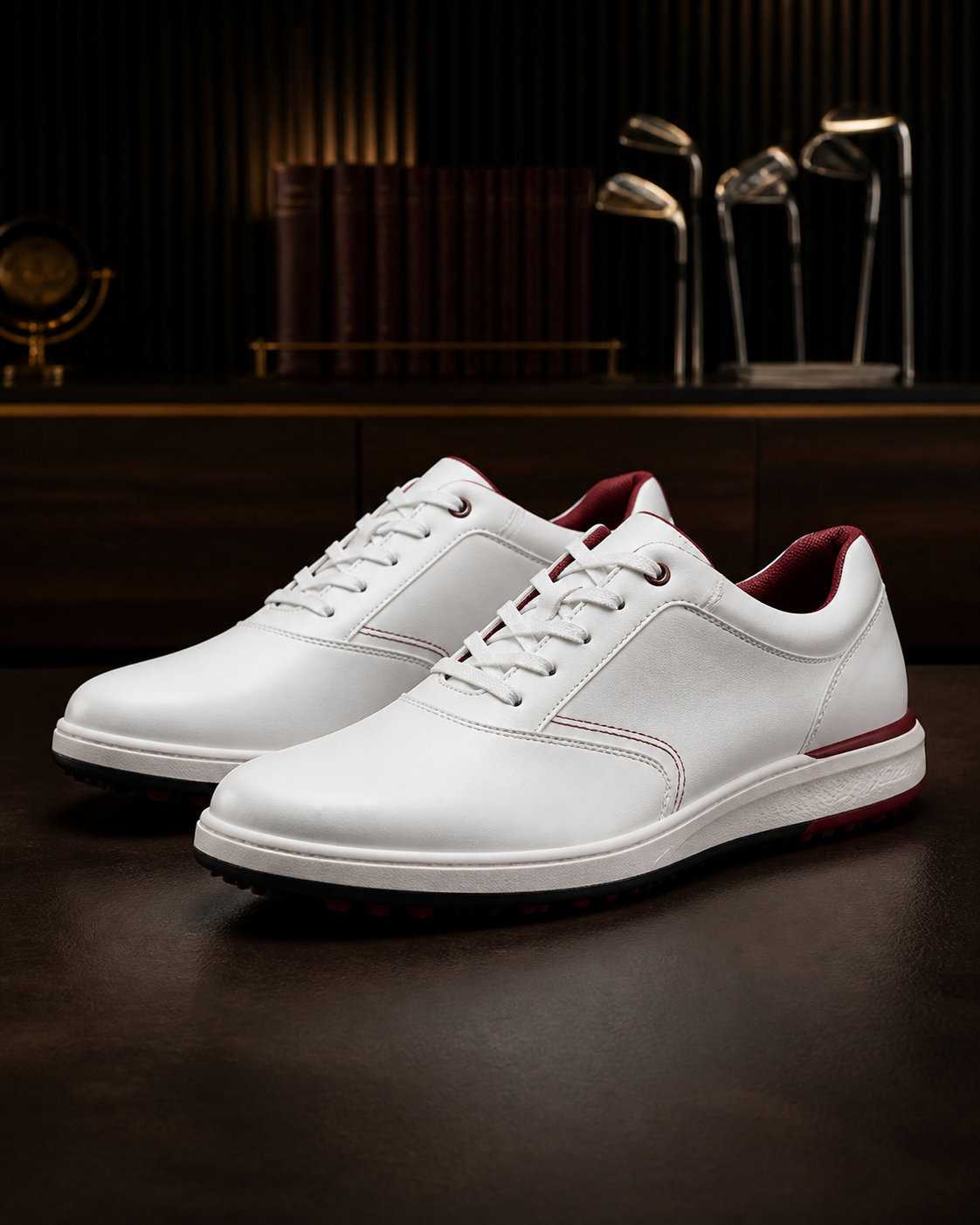 White premium golf shoes on a dark background
